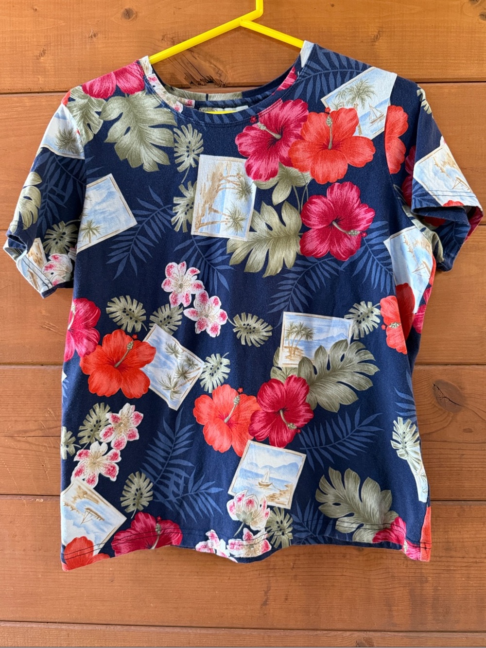 Caribbean Joe Navy Top with Red & Pink Hibiscus Print